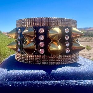 Black and Gold-Colored Studded Cuff Bracelet with Rhinestones - Unique Design